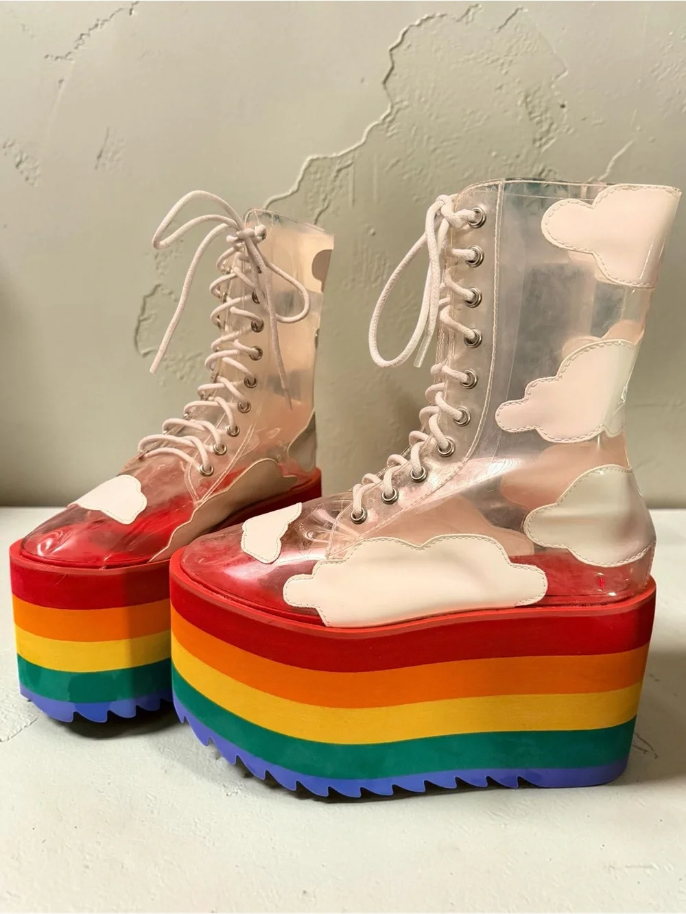 Dolls Kill Clear Pink Lace-Up Platform Boots with Rainbow Sole